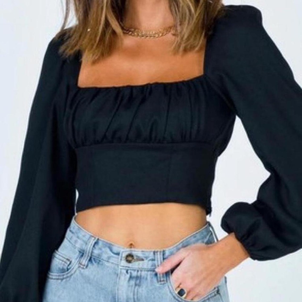 Princess Polly Ariah Black Puff Sleeve Square Neck Crop Top Size 8